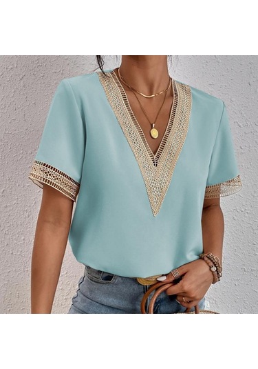 Kadın Modası Rahat Yaz Bahar Düz Renk Baskı Dantel Kısa Kollu V Yaka Bluzlar Ve Gömlekler Açık Mavi