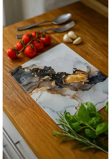 Cam Kesme Tahtası, Kesme Tablası Kenarları Oval, Antibakteriyal, Sunum Tahtası Siyah Siyah