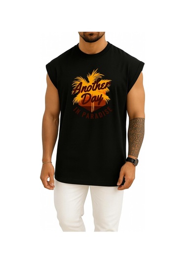 Oversize Başka Zaman Belki Cennette Karşılarışırız Göğüs Tasarımlı Atlet Siyah