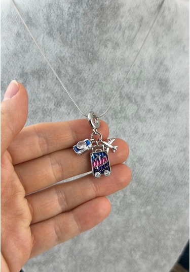 Gümüş Charmlı Seyahat Çocuk Kolye 40+5 Cm Çok renkli