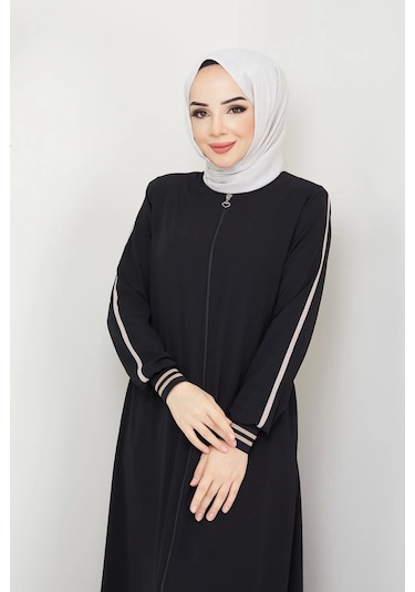 Siyah Kol Ribanalı Şeritli Medine Ipeği Ferace Siyah