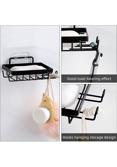 Moveevo Demir Bathroom Organizer Seti - 2 Duş Sepeti + 1 Sabunluk, Delme Yok, Su Geçirmez, 6 Kanca, Banyo/ Mutfak/ Oturma Odası Gereçleri Saklama Siyah