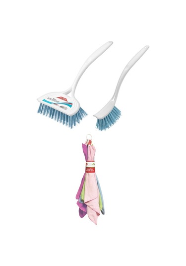 Flora 3 Lü Temizlik Seti, F367 Bulaşık Fırçası + F388 Lavabo Küvet Fırçası + F222 Mikrofiber Bez Seti