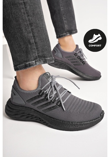 Muggo Montag Garantili Günlük Ortopedik Kaymaz Taban Bağcıklı Çizgili Erkek Sneaker Spor Ayakkabı Füme