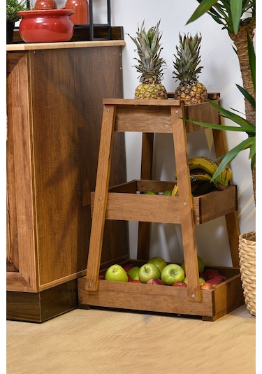 Grootland 3 Katlı Ahşap Sebzelik Meyvelik Mutfak Banyo Düzenleyici Ceviz