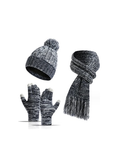 Erkek Kış Sıcak Şapka Atkı Ve Dokunmatik Ekran Eldiveni Kış Şapkası Kaymaz Kış Eldiveni Koyu Mavi