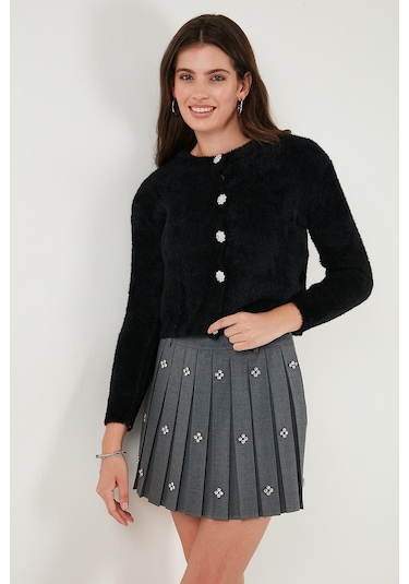 Lela Fitted Fit Bisiklet Yaka Yumuşak Dokulu Crop Bayan Hırka 4615559 Siyah