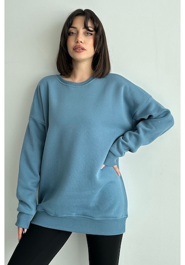 Kadın Mavi Bisiklet Yaka Oversize Sweatshirt Mavi