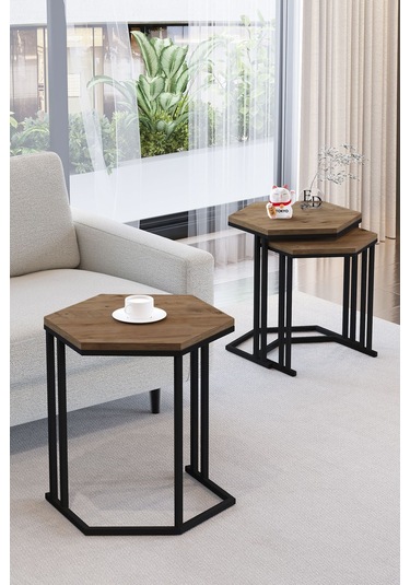 Tokyo 3'lü Zigon Sehpa Siyah Metal - Atlantik Çam Tabla