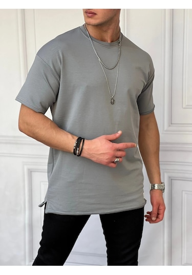Modefendi Pamuk Likra Yırtmaç Detaylı 2 İplik Oversize Tshirt Gri