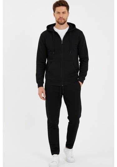 Siyah Kapüşonlu Regular Fit Hırka Düz Paça Erkek Eşofman Takımı 3861 Siyah