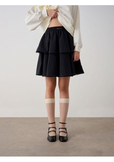 Kız Çocuk Beli Lastikli Taşlı Etek-15348 Siyah