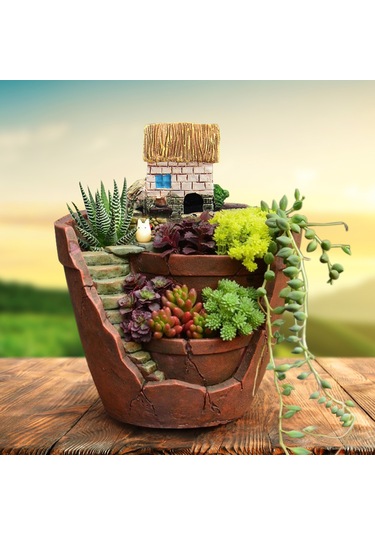 Jeehugo Kahverengi Sentetik Reçine Süs Bitki Saksısı - Detaylı Sanatsal Desen, Su Drenajı & Kaymaz Önleyici - Ev Dekorasyonu İçin Hafif Ve Dayanıklı