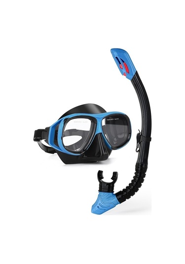 Profesyonel Şnorkel İki Parçalı Silikon Tam Kuru Şnorkel Büyük Çerçeve Sis Geçirmez Dalış Gözlüğü Seti Mavi