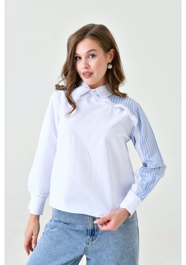 Kadın Özel Tasarım Yaka Kol Düğmeli Çizgi Garnili Tesettüre Uygun Bluz Gömlek Beyaz