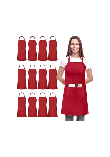 12 Paket 2 Cepli Ayarlanabilir Önlük, Su Ve Yağa Dayanıklı Kırmızı, 12 Paket Diğer