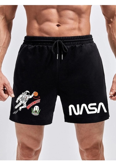 Altamira Erkek Siyah Nasa Astronot Baskılı Şort 001