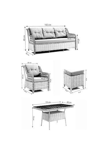 Deniz Rattan Puflu Bahçe Balkon Takımı 3+1+1 Gri