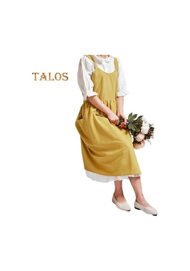 Novahub Unisex Önlük Şık Çapraz Sırt Önlük Ev Mutfak Salon Cafe Bahçe Çalışması İçin Rahat Uzun Sanatsal Önlük Sarı Sarı