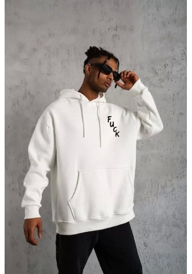 Unisex Kapşonlu Uzun Kol Baskılı Sweetshirt - Beyaz Beyaz