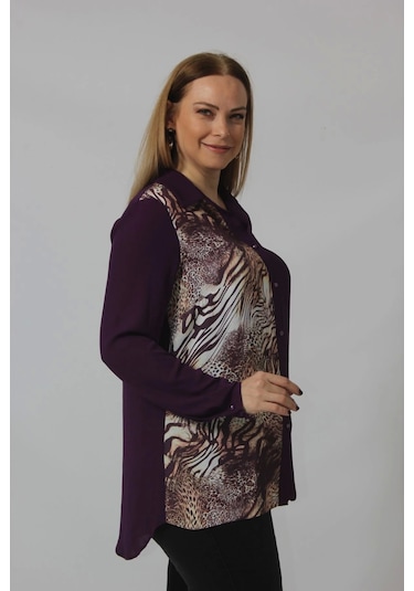 Moda Berray 2320 Leopar Desenli Şifon Gömlek Mürdüm