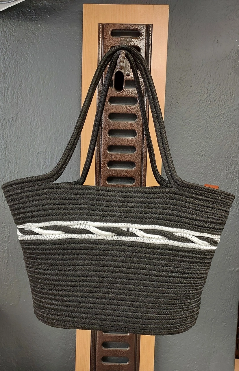 Doğal Hasır Jüt El Örmesi Bayan Çanta-siyah Ortası Beyaz Çizgili Siyah