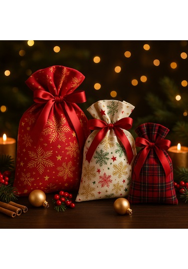 Yılbaşı Temalı Kumaş Hediye Kesesi 3 Lü Set Kırmızı, Ekoseli Ve Kar Tanesi Desenli 12 17 17 25 25 35cm 3'lü Set