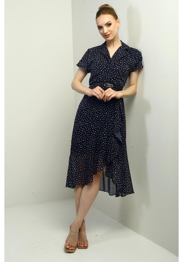 Kadın Kruvaze Yaka Astarlı Çıtır Desen Önü Volanlı Şifon Elbise-40767 Lacivert