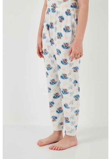 Lela % 100 Pamuk Bisiklet Yaka Kısa Kollu Kız Çocuk Pijama Takımı 6651004 Ekru-Mavi