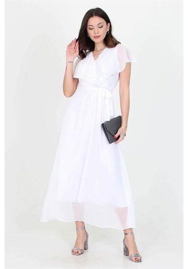 Neşeli Butik Kadın Yeni Sezon Kruvaze Yaka Bağlama Detaylı Uzun Şifon Elbise Nb0001 Beyaz