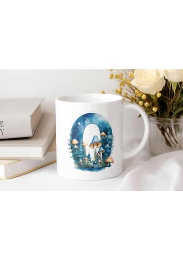 O Baş Harfi Fantastik Mantarlı Kupa Bardak - Kişiye Özel Masalsı Bardak - Hediye Beyaz