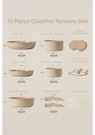 Cookpro Vizon 15 Parça Ayrılabilen Saplı Iç Içe Geçebilen Indüksiyonlu Seramik Kaplama Tencere Seti Vızon Vizon