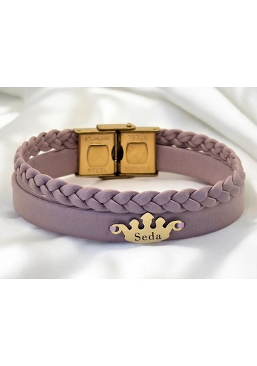 Archin Seda İsmine Özel Doğal Mor Derili Taç Figürlü 14 Ayar Altın Plakalı Hediye Bileklik-637isim Seda