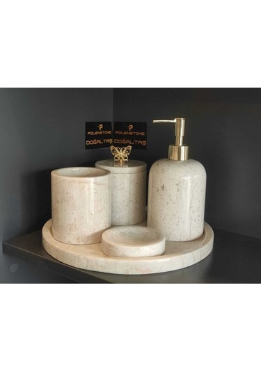 Bej Mermer Gold Transparan Kelebek Aksesuarlı 5'li Banyo Seti Gold