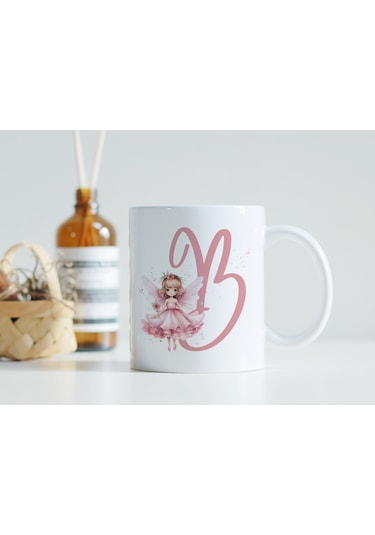 B Harfi Pembe Peri Kızı Figürlü Kupa Bardak Masalsı Çay Kahve Kupası - Kişiye Özel Hediye Beyaz