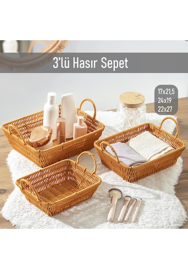 Porsima 301d 3lü Düzenleyici Dikdörtgen Hasır Sepet Seti Ekmeklik