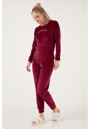 Lela Regular Fit Yumuşak Dokulu Kadife Bayan Pijama Takımı 6094200W4 Bordo