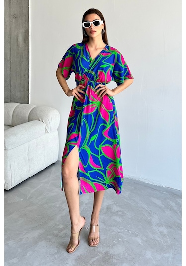 Kadın Mavi Derin V Yaka Yazlık Uzun Önden Yırtmaçlı Viskon Elbise Mavi