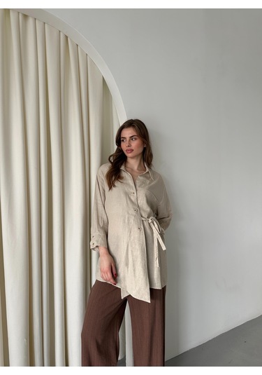 Natural %100 Pamuk Çapraz Düğmeli Beli Kemerli Gömlek Natürel