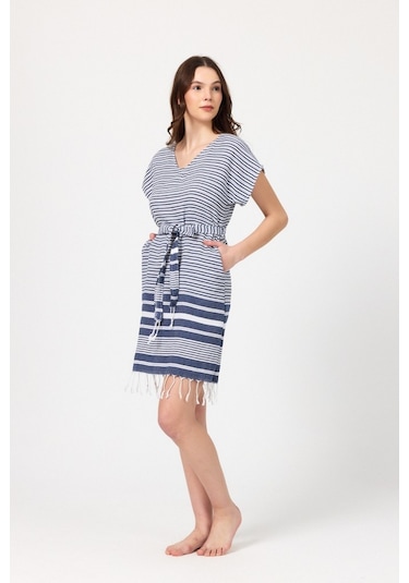 Mulberry Katya Plaj Elbisesi Tunik Pareo %100 Pamuk Lacivert