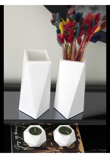 Geometrik Uzun Vazo 20 Cm Ve Geometrik Tealight Mumluk Set 4 Parça Ham Beyaz Beyaz