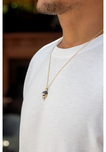 Cenova Kuyumculuk 14 Ayar Altın Siyah Taşlı Kafatası Figürlü Erkek Kolye