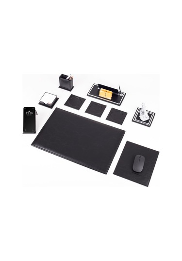 Opta 10 Parça Kurt Biblolu Siyah Deri Sümen Seti Takımı Gümüş Kalem Ofis Masa İsimliği Lüks İsimlik