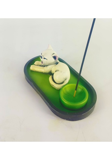 Uykucu Kedi Çubuk Tütsülük Ve Tealight Beyaz