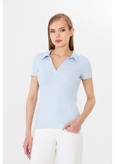 Hdm Kadın Mavi Polo Yaka Fitilli Günlük Bluz - H6038