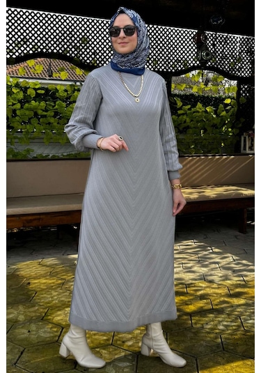 Yağmur Triko Elbise Gri Normal