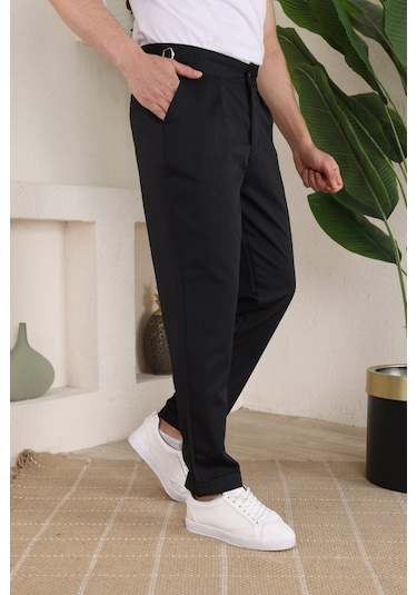 Erkek Duble Paça Yandan Tokalı Cord Desenli Old Money Pantolon Siyah