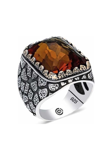 ​Gümüş Kahverengi Zirkon Taşlı Kare Erkek Yüzük (510933447)