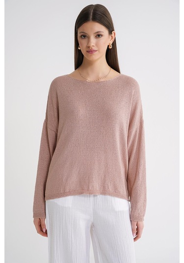 6933 Kadın Kayık Yaka İnce Mevsimlik Triko Kazak Pudra Pudra