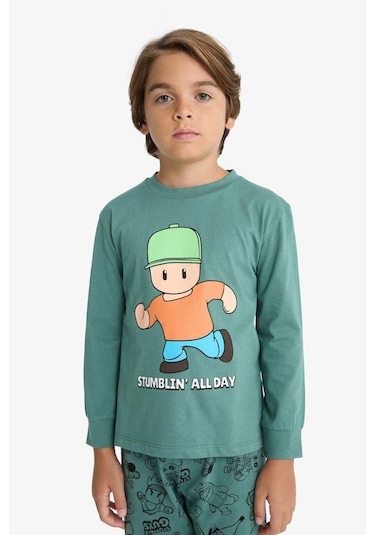 Defacto Erkek Çocuk Stumble Guys Pijama Takımı Uzun Kollu Üst Uzun Alt F5176a825augn469 Yeşil